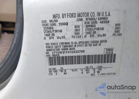 2001 Ford F-350 Lariat/Xl/Xlt из США, поврежденный, VIN 1FTSW31F41EA22700